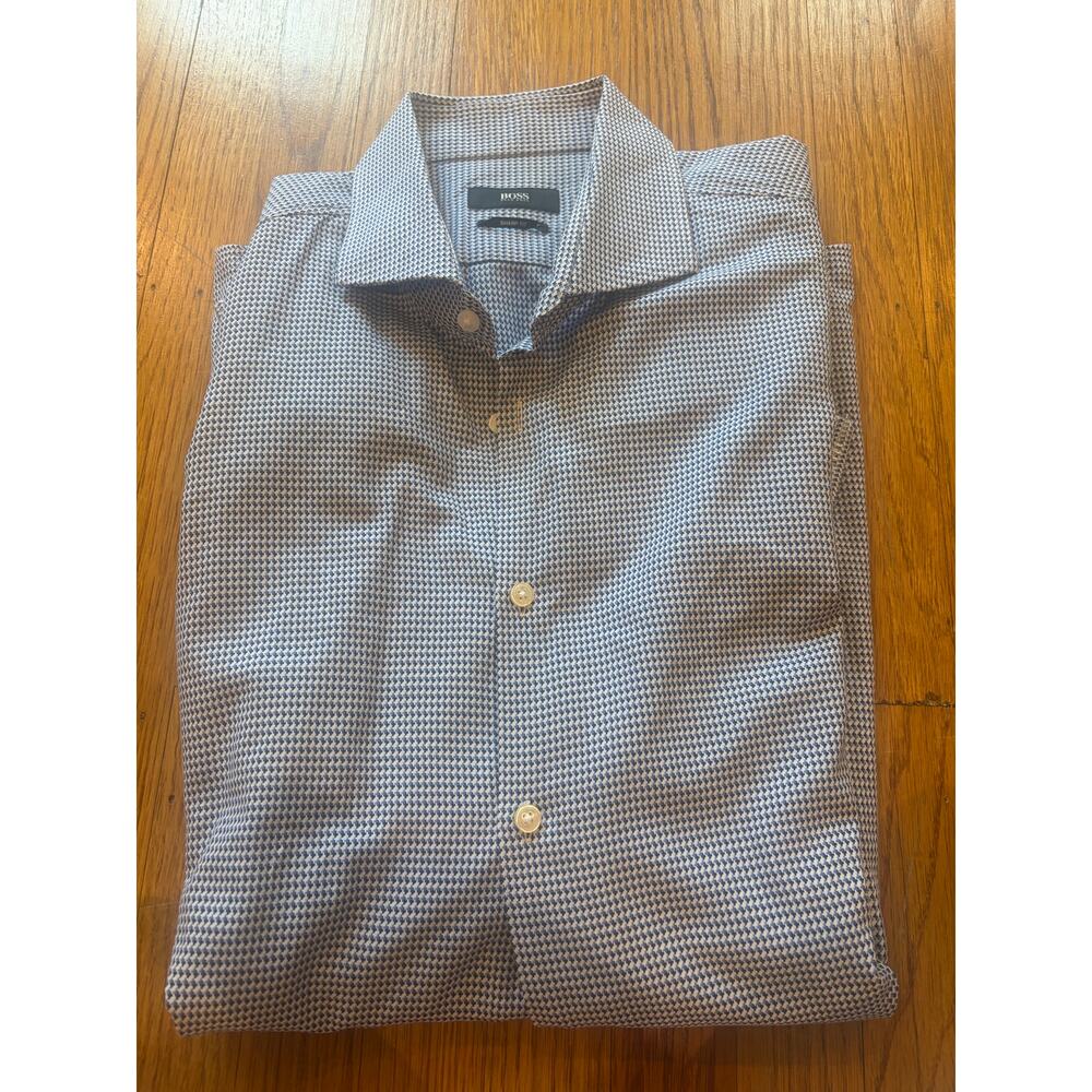 Hugo Boss Slim Fit Button Down Shirt Blue White Pattern Men’s 17 34/35